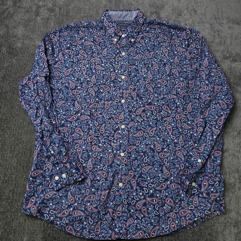 Crown & Ivy Paisley Button Down Shirt Mens Large Classic Fit Stretch Navy L